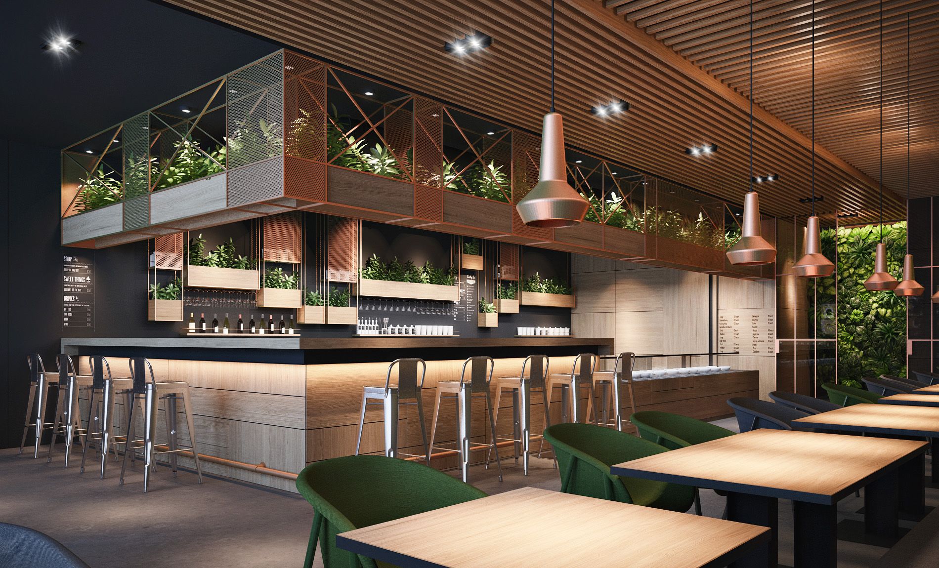 نمایش تصویر طراحی کافه رستوران مدرن چوبی